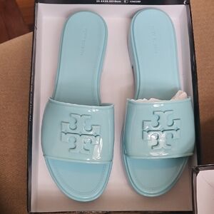 Tory Burch Patent Slide Sandals in Baby Blue